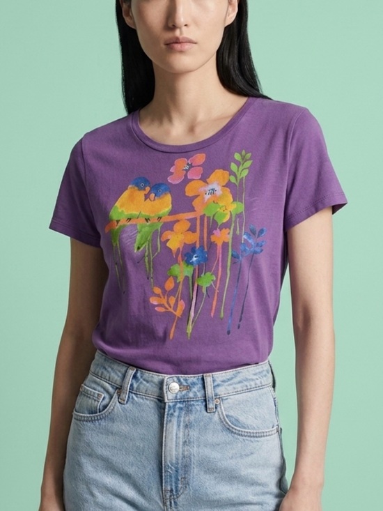 Old Navy Tops - Old Navy Purple Tee with Colorful Floral & Bird Print